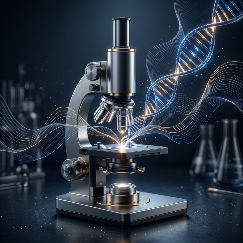 Klinische Tribut-Grafik an Prof. Luc Montagnier - Mikroskop und DNA